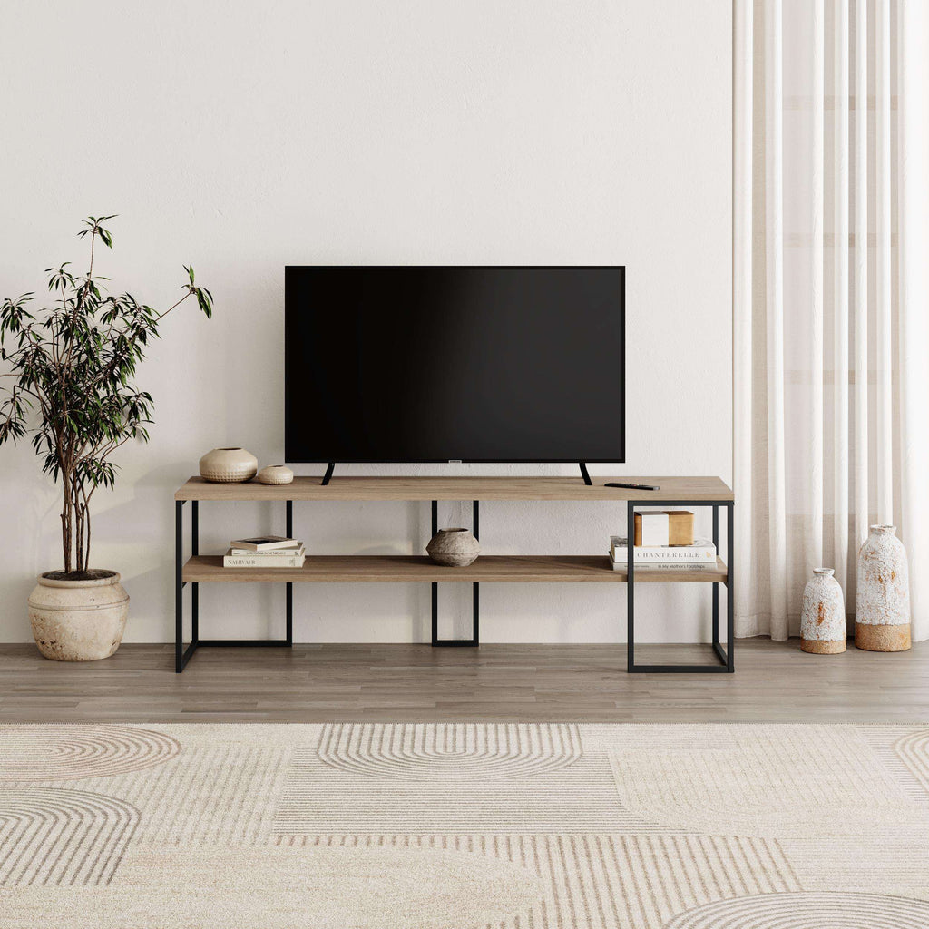 TV stand with black base, light wood tabletop, two open compartments and shelves