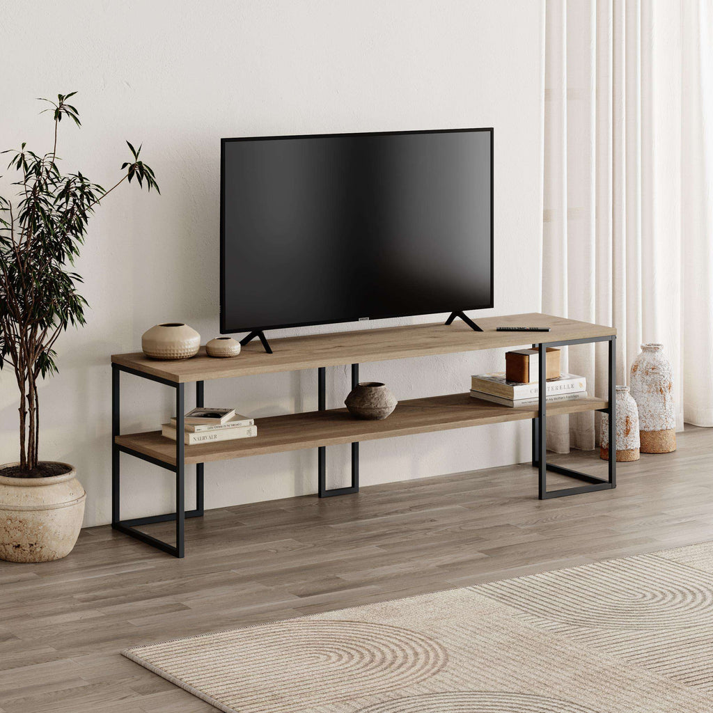 TV console with light wood top and open shelves, 140 cm wide, black metal frame