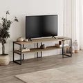 TV console with light wood top and open shelves, 140 cm wide, black metal frame
