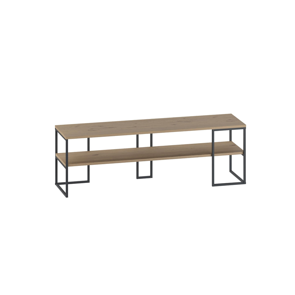 Light oak TV console with open shelves and metal frame, 140 cm wide