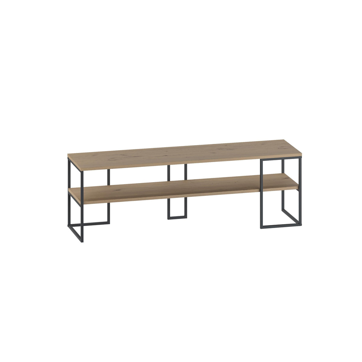 Light oak TV console with open shelves and metal frame, 140 cm wide