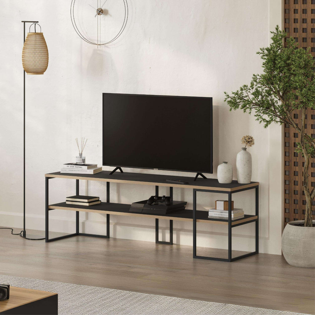 TV unit with black frame and light wood top, open shelves for media equipment