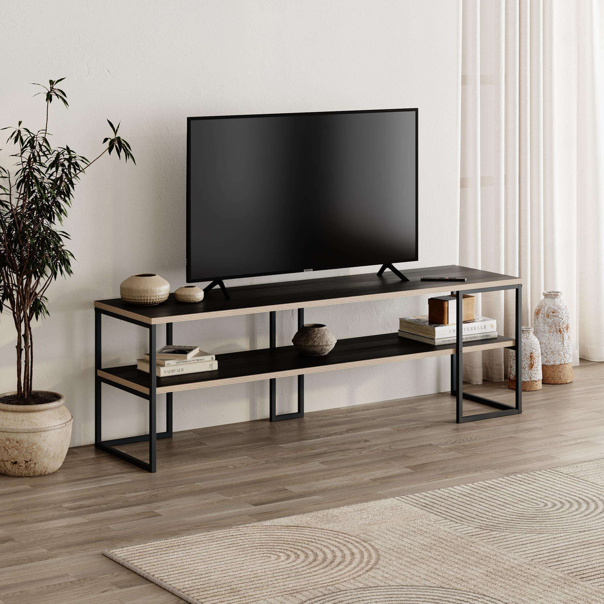 Black TV unit with open shelves and center console, 140 cm wide, black wood frame