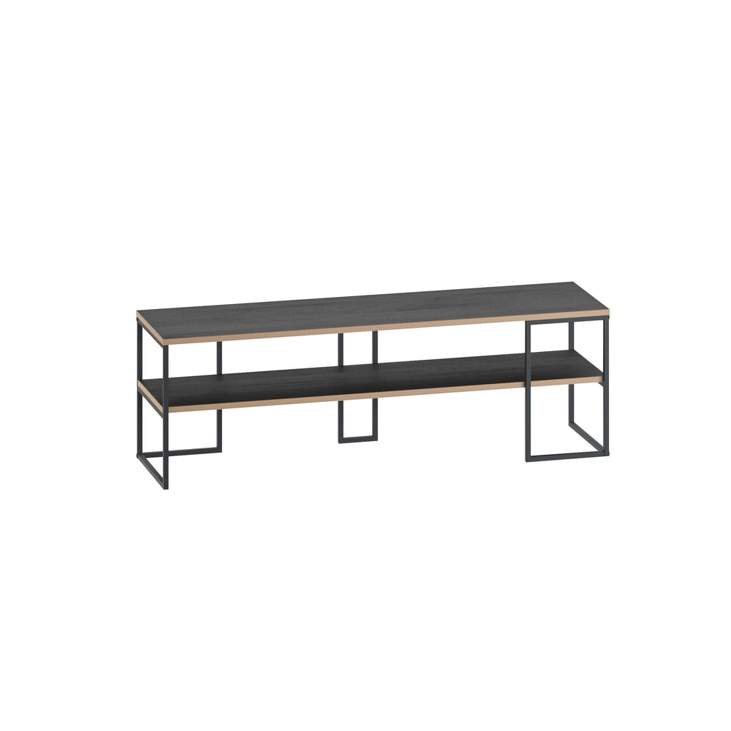 Black wood TV console with open shelves and metal frame, 140 cm wide