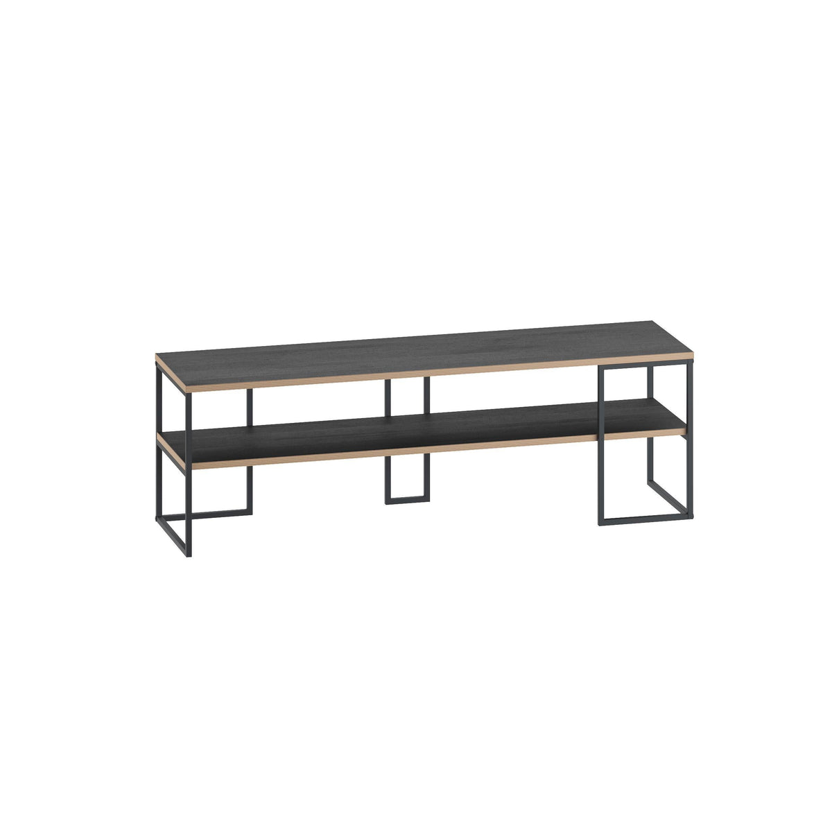 Black wood TV console with open shelves and metal frame, 140 cm wide
