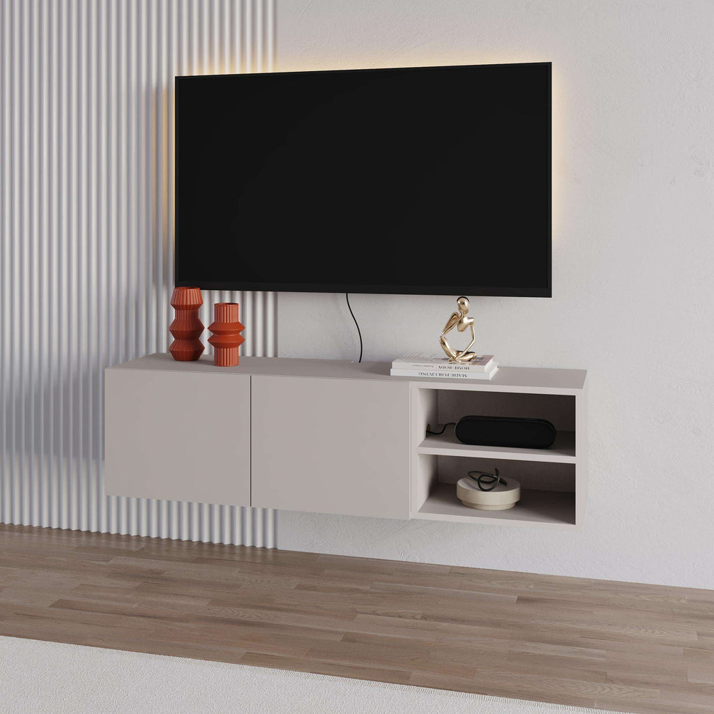 White entertainment TV unit with two cabinet doors and two open shelving sections