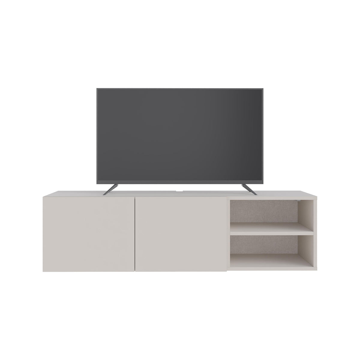 White TV media console with two doors and open right shelving, TV on top