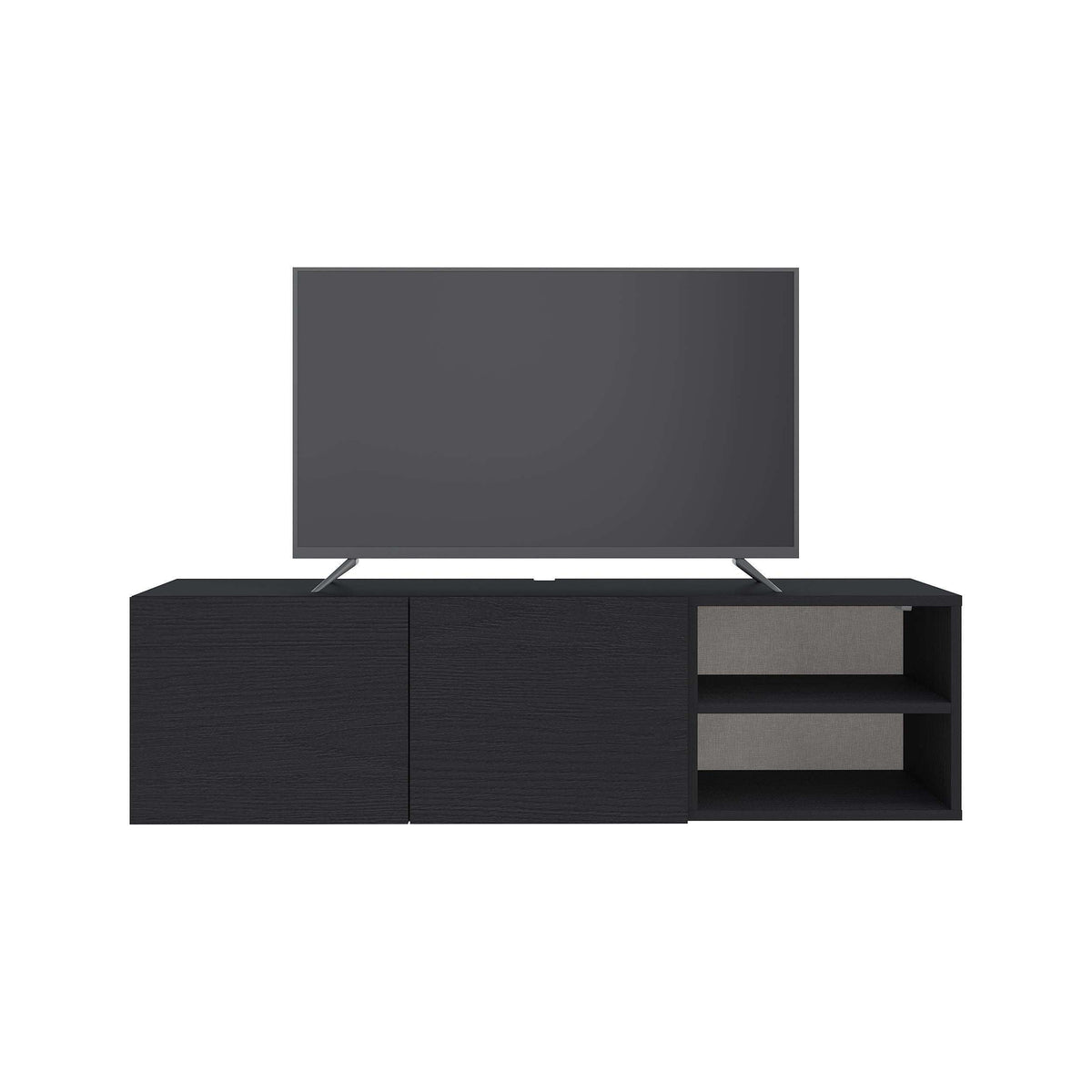 Black TV unit with media cabinet base and open right shelving