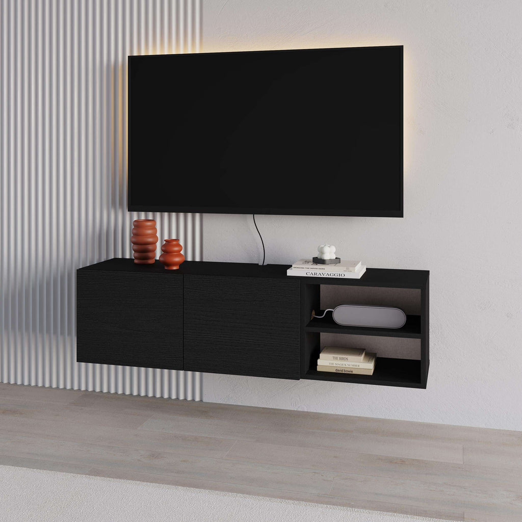 Black wall-mounted TV unit with two doors and open shelves for up to 50-inch TV