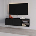 Black wall-mounted TV unit with two doors and open shelves for up to 50-inch TV