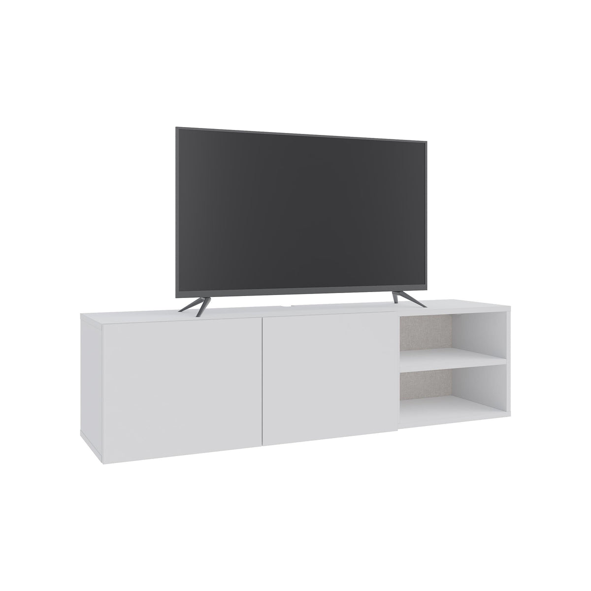 Wall-mounted TV entertainment unit with white cabinet doors and open shelves