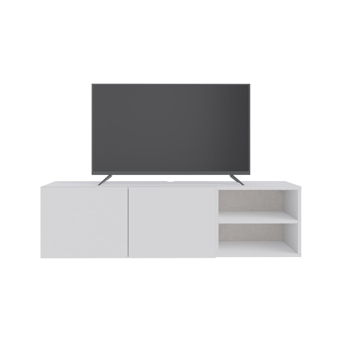 White TV media console with two doors and open side shelves, TV on top