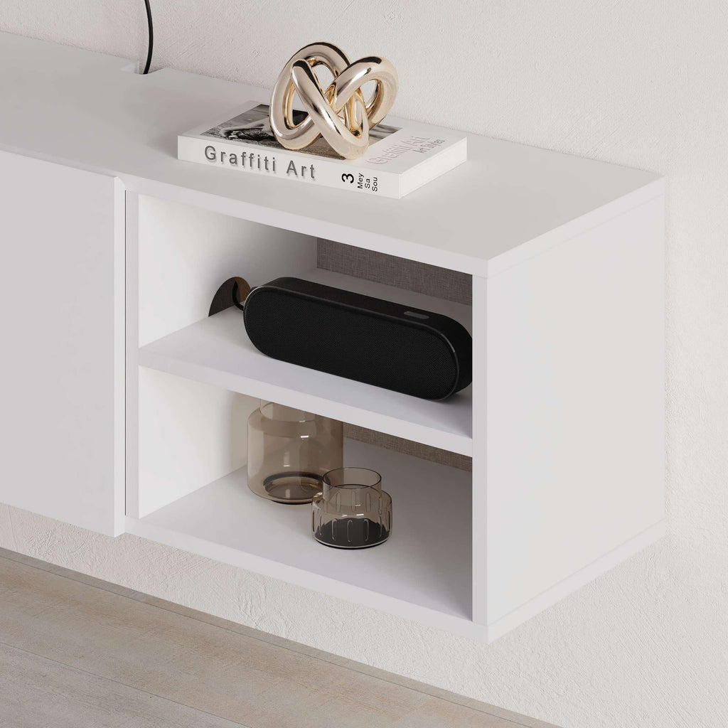 White TV unit with open side shelf and cabinet cubby for media storage