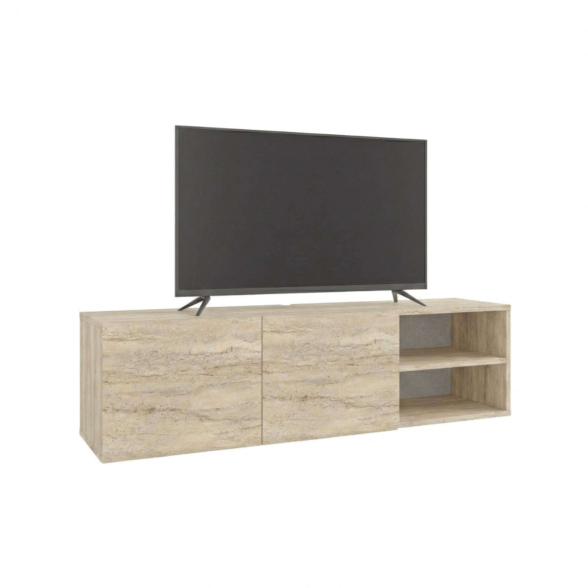 Light stone-effect TV media console with two doors and open side shelving