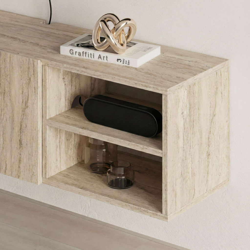 Wall-mounted entertainment unit with light stone-effect finish and open side shelves