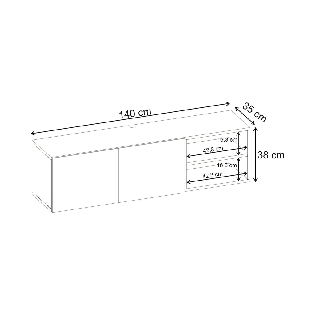 Wall-mounted TV unit diagram with dimensions and storage compartments