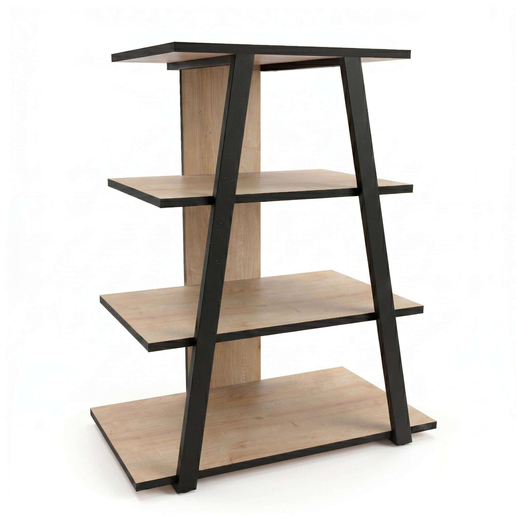Angled mini TV unit with open shelves, black frame and light wood shelves, front view