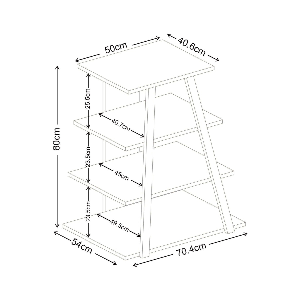 Angled TV unit dimensions diagram with height, width, and shelf measurements
