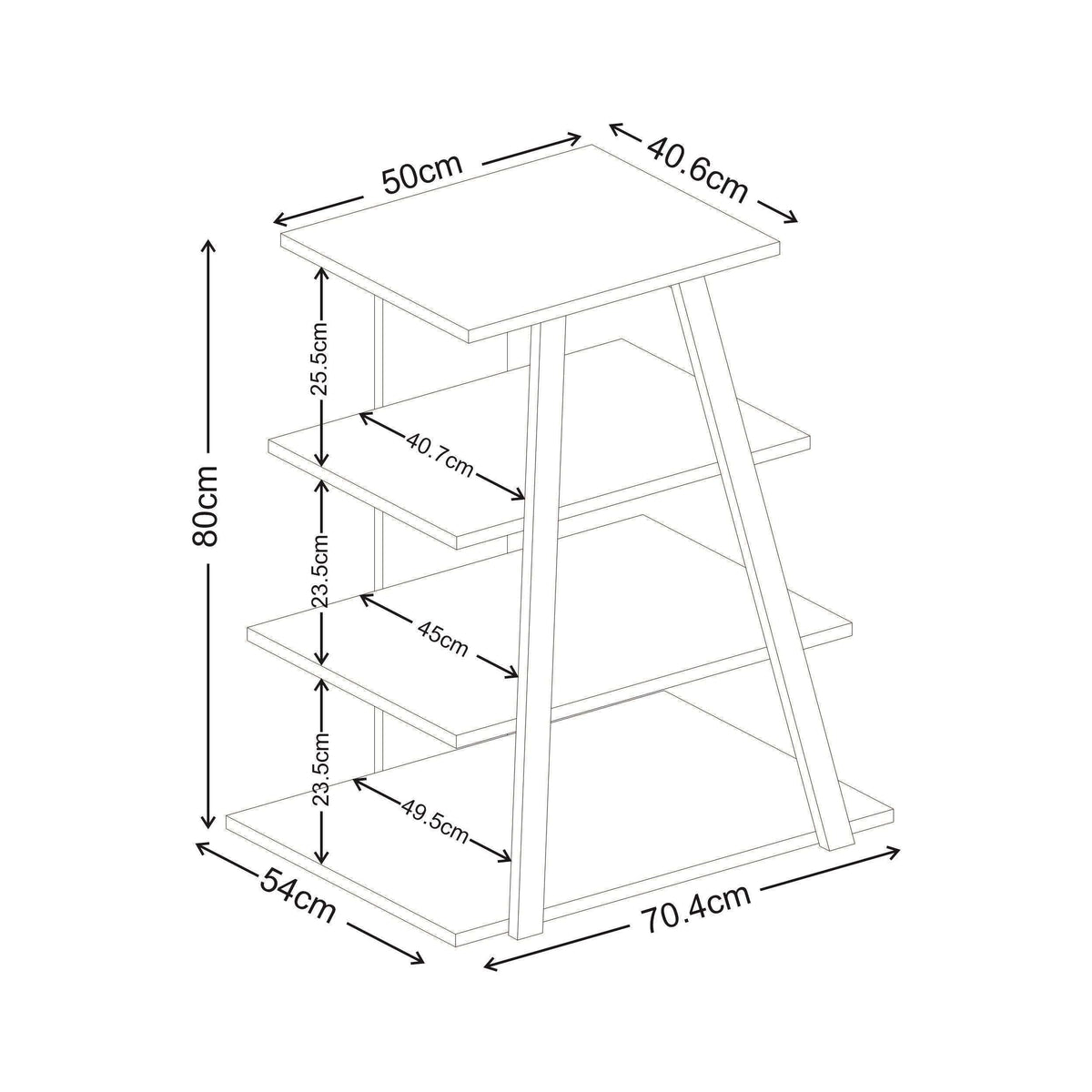 Angled TV unit dimensions diagram with height, width, and shelf measurements
