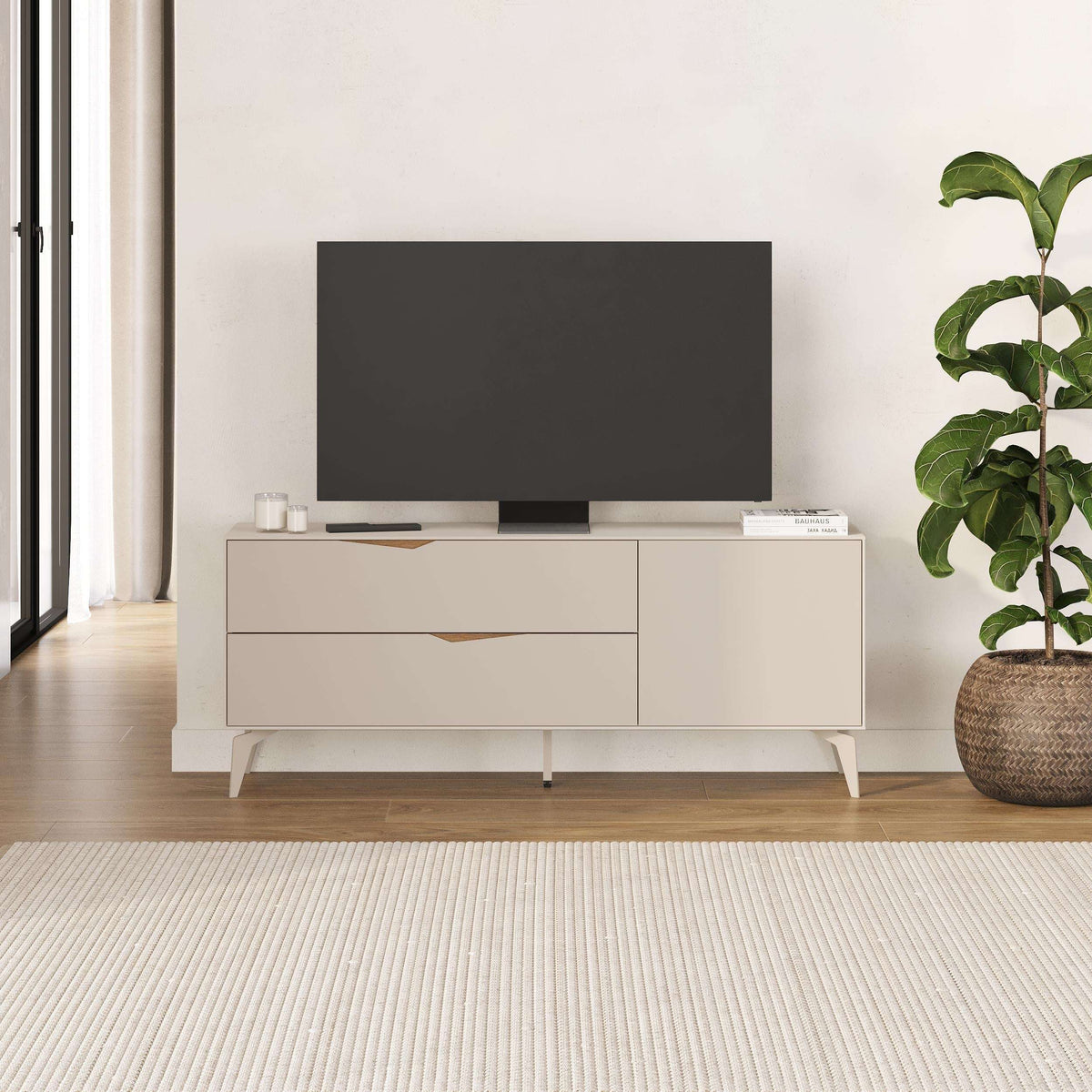Sandstone TV unit with 2 drawers and side door, raised legs, media shelf