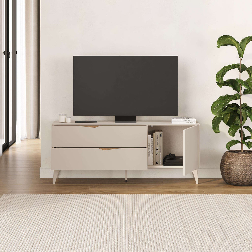 Sandstone TV unit with open shelf and central cabinet door, 2 drawers, angled legs