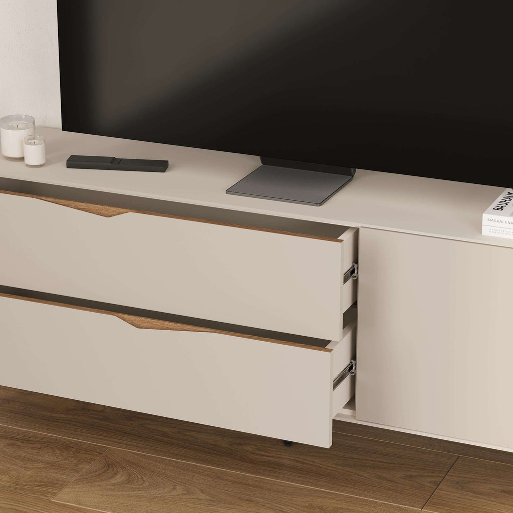 Sandstone TV unit cabinet door open, showing shelf, with 2 drawers and angled legs