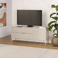 Sandstone TV unit with 2 drawers, 1 door, open shelf top and angled wooden feet