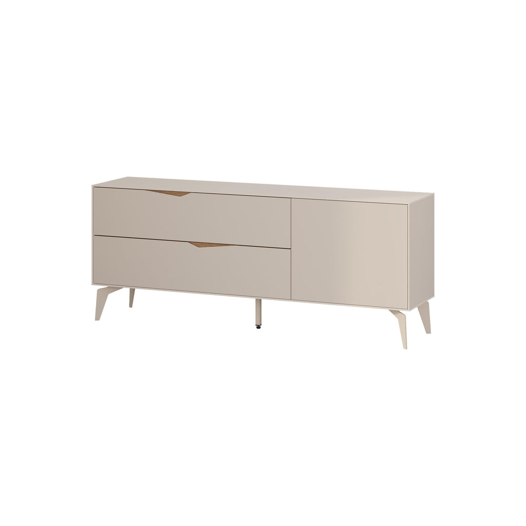 Sandstone TV unit with 2 drawers and side cabinet door, angled feet, flat panels