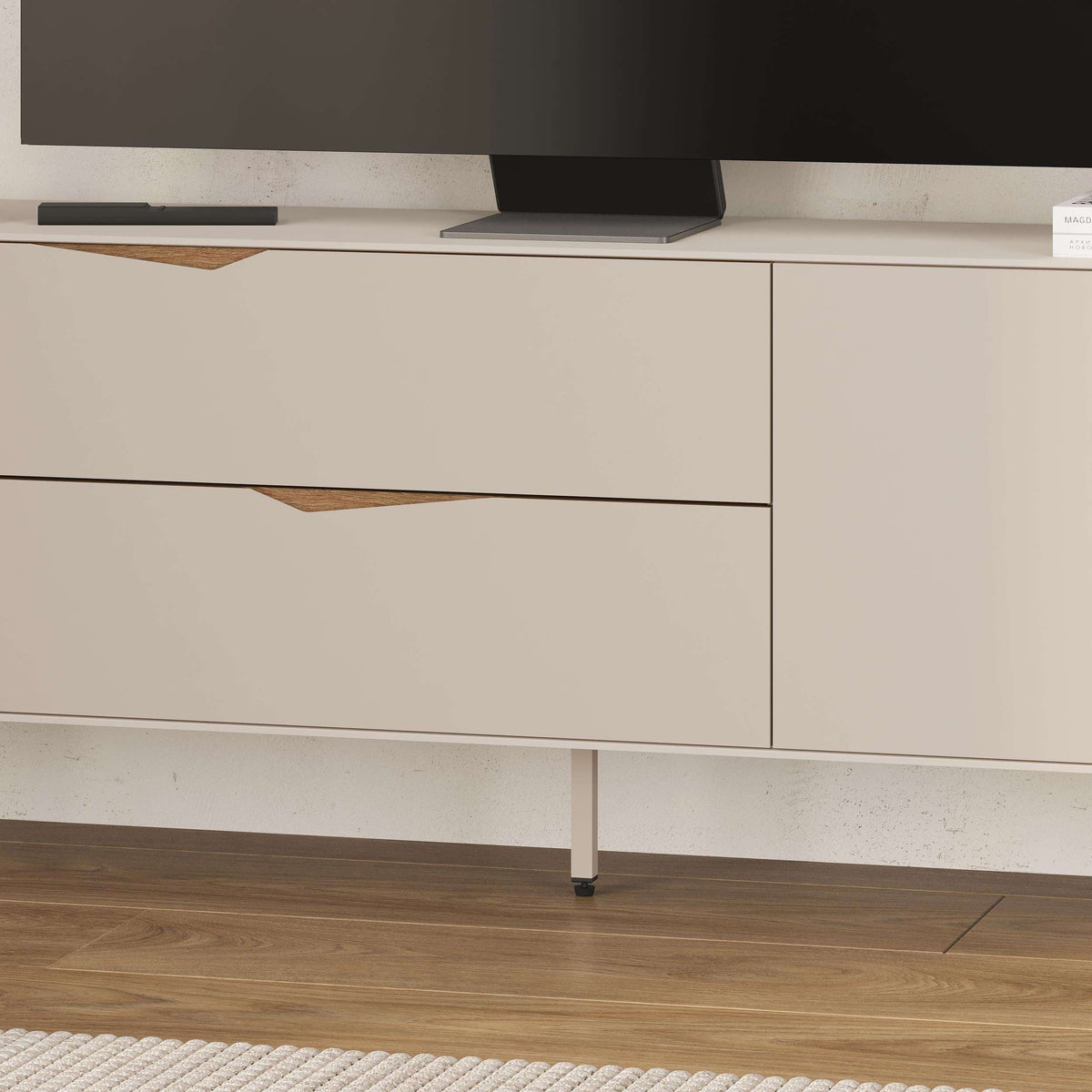 Sandstone TV unit drawer front with warm wood inlay and recessed handle