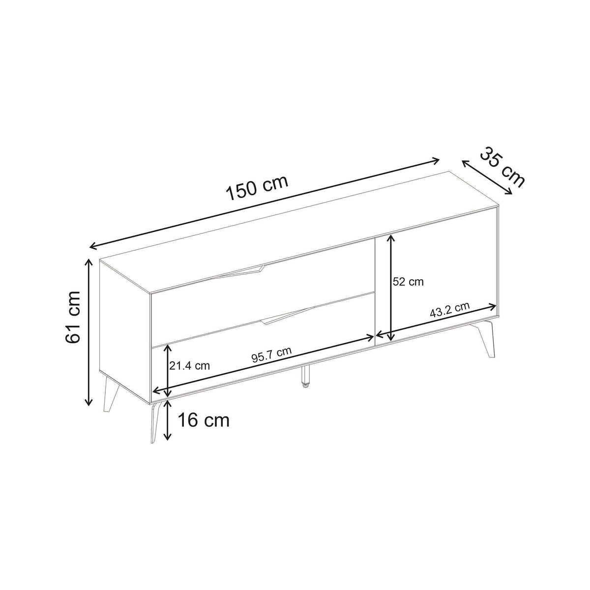 TV unit dimensions diagram: 150 cm W, 61 cm H, 35 cm D