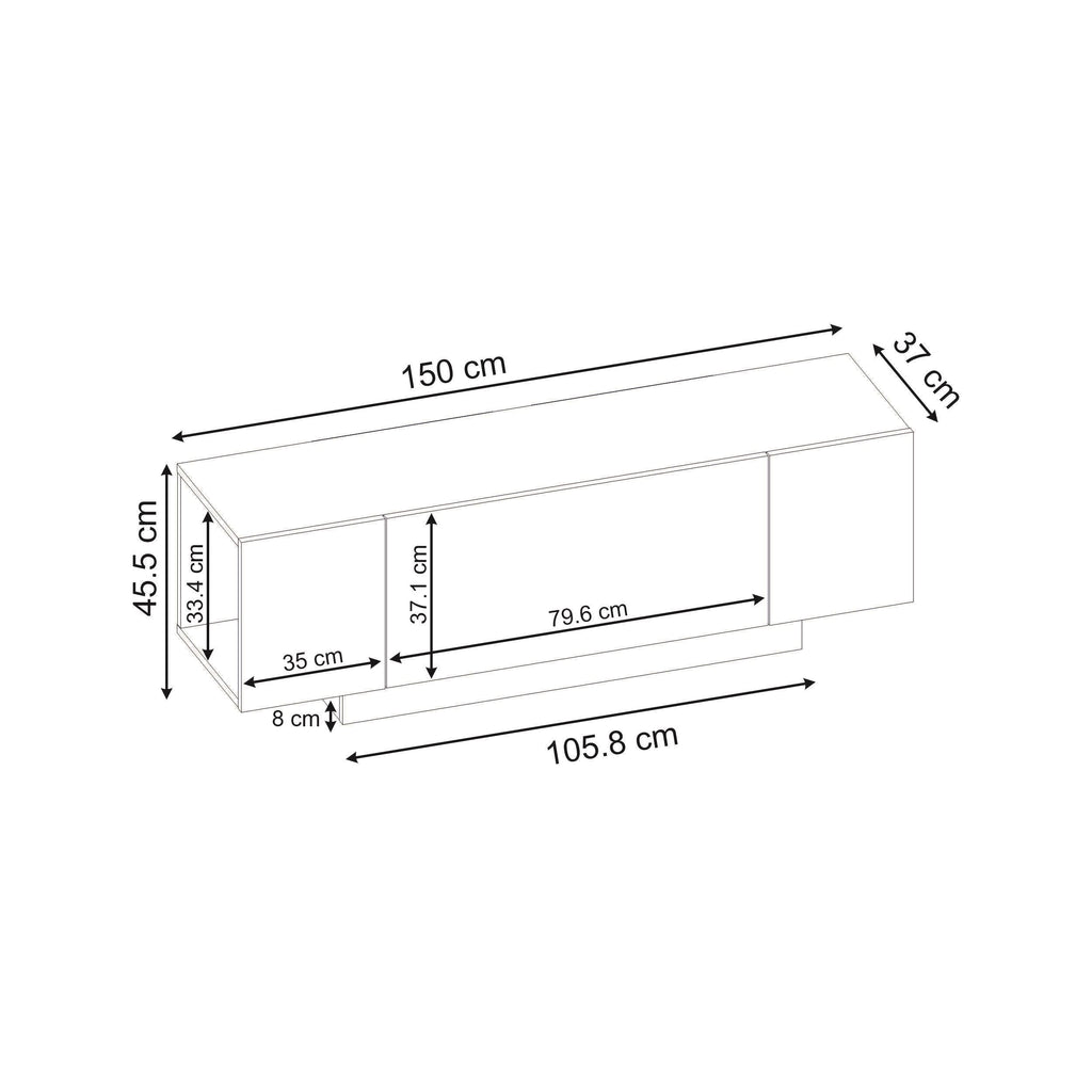 TV unit dimensions diagram: 150cm wide, 43.4cm high, 37cm deep