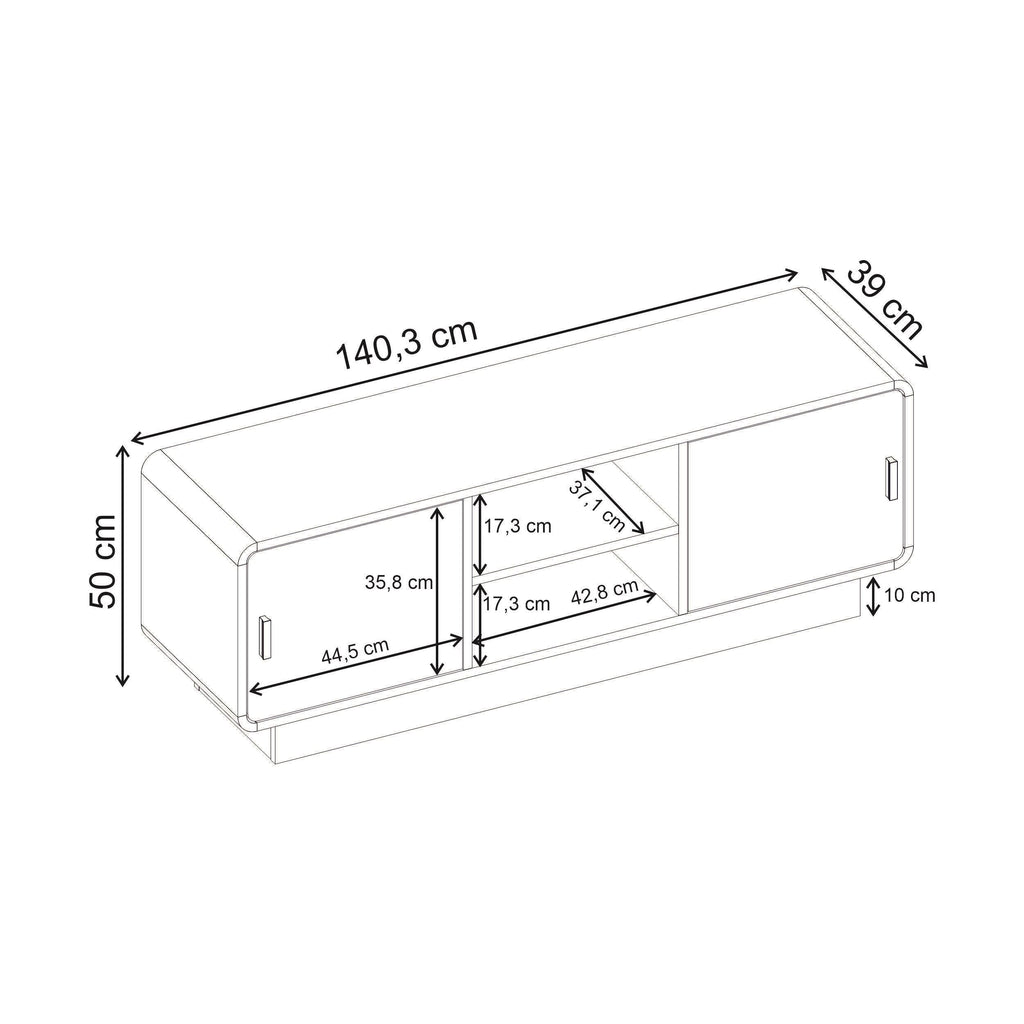 TV unit size diagram with dimensions and door/storage layout