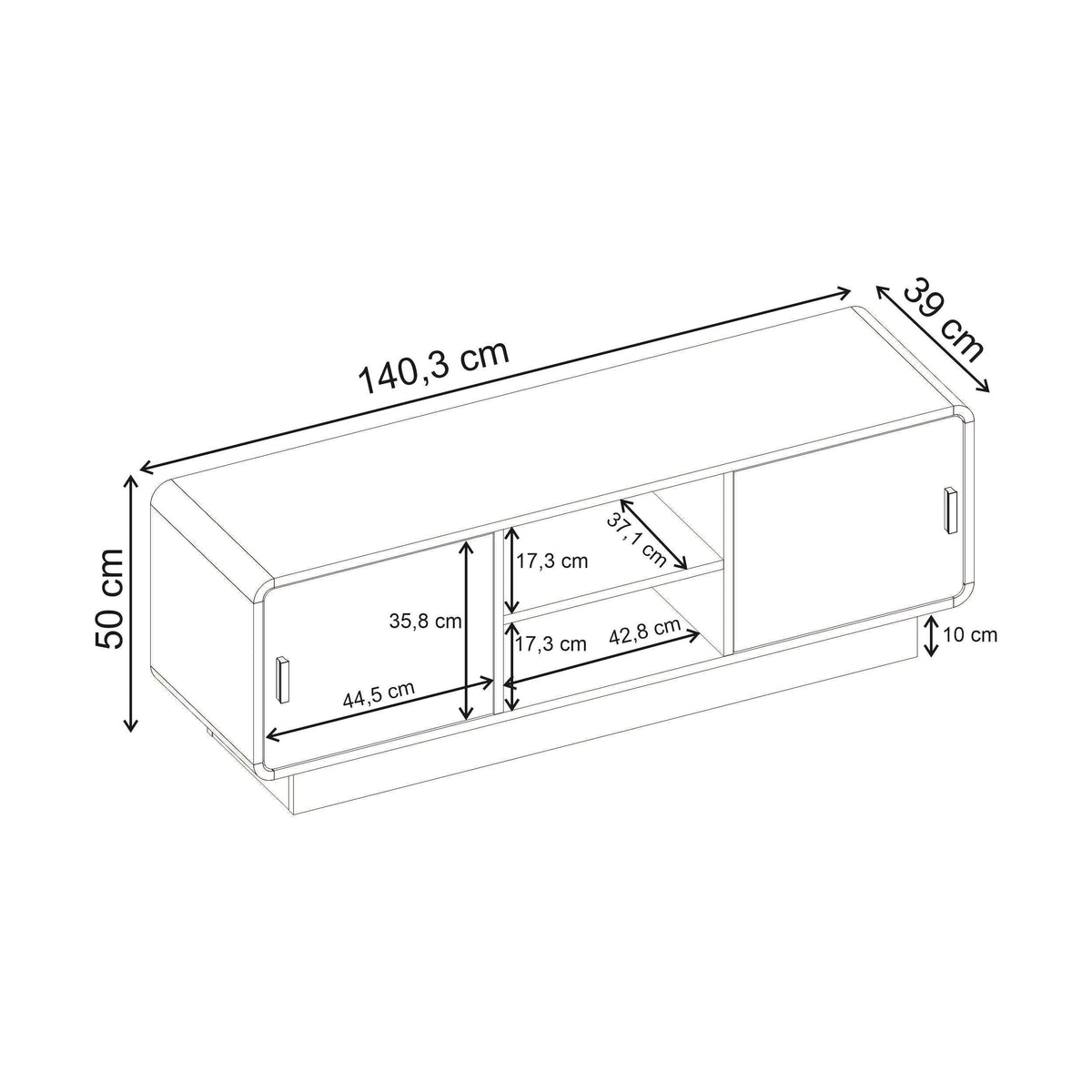 TV unit size diagram with dimensions and door/storage layout