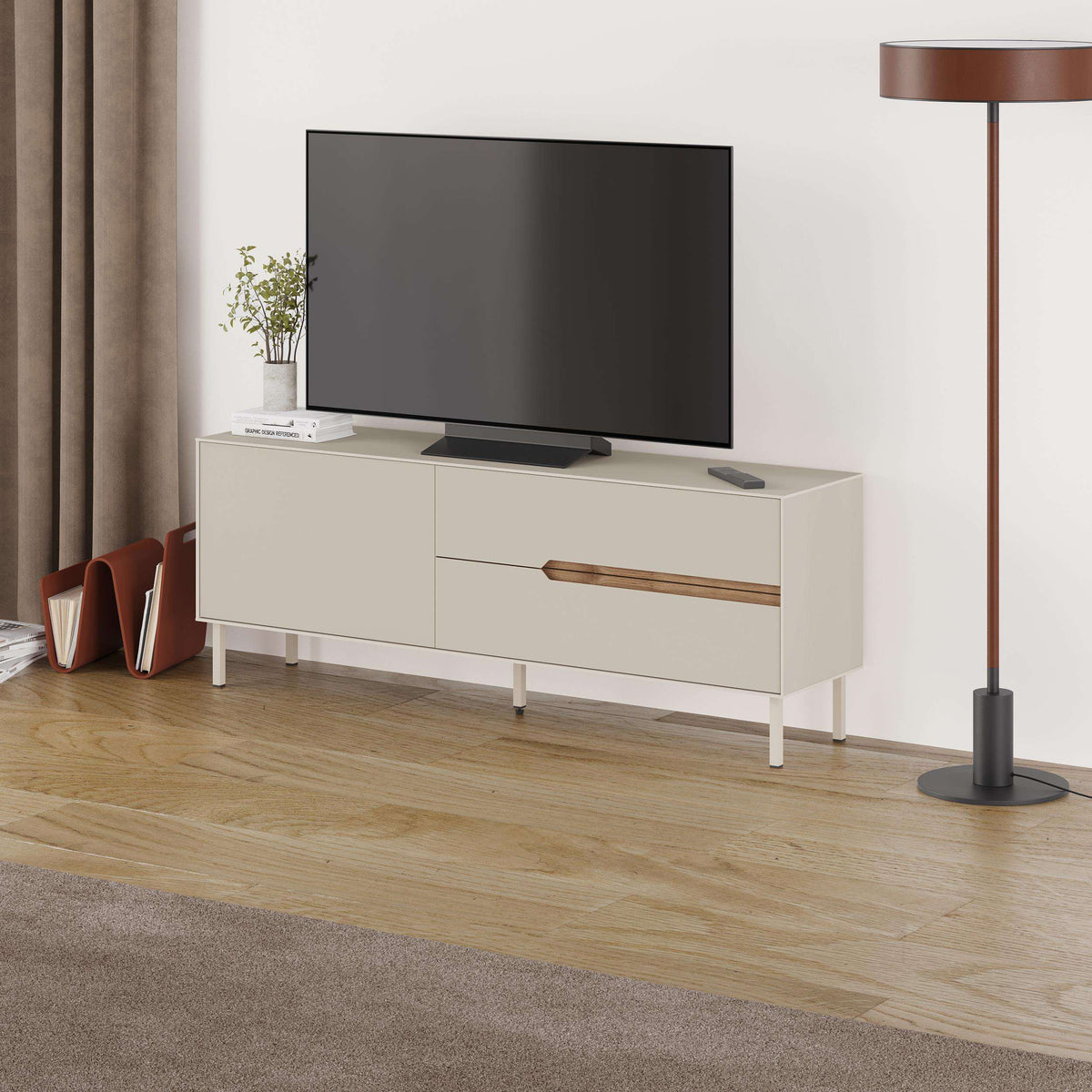 Modern TV unit with two cabinet doors, central drawer, light sand finish, wood handle.