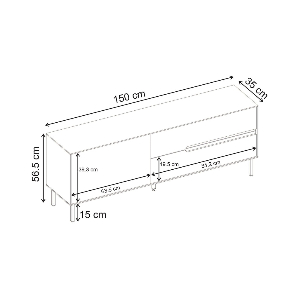 Modern TV unit dimensions: 150cm wide, 56.5cm high, 35cm deep, 84.2cm inner rail span.