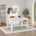 White extendable modern dining table with rectangular top and four straight legs