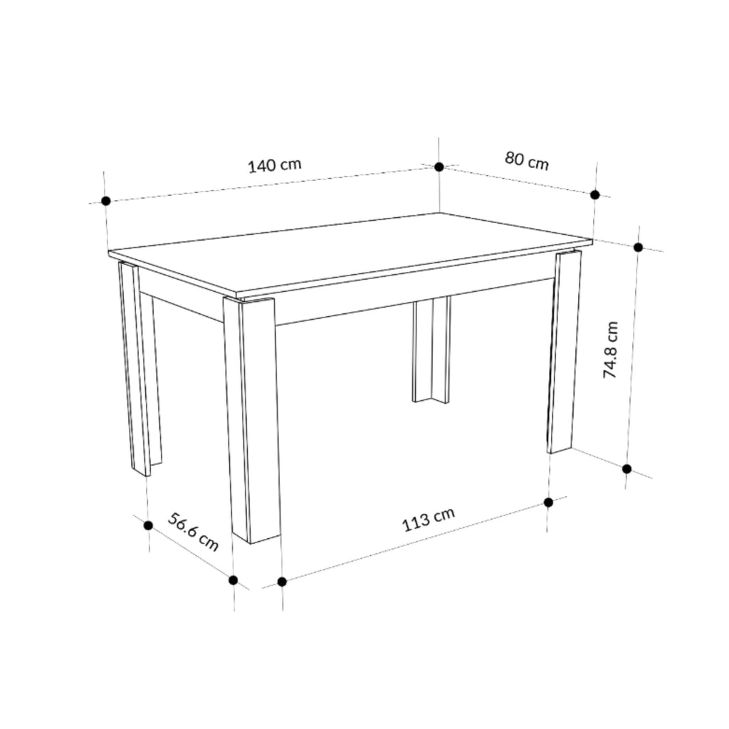 Anthracite dining table line drawing with dimensions: 140×80 cm and 74.8 cm height
