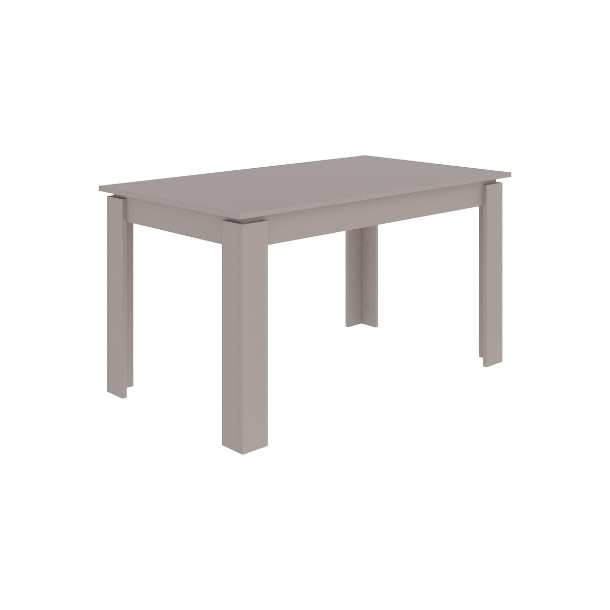 Light mocha rectangular dining table with extended top and four straight legs.