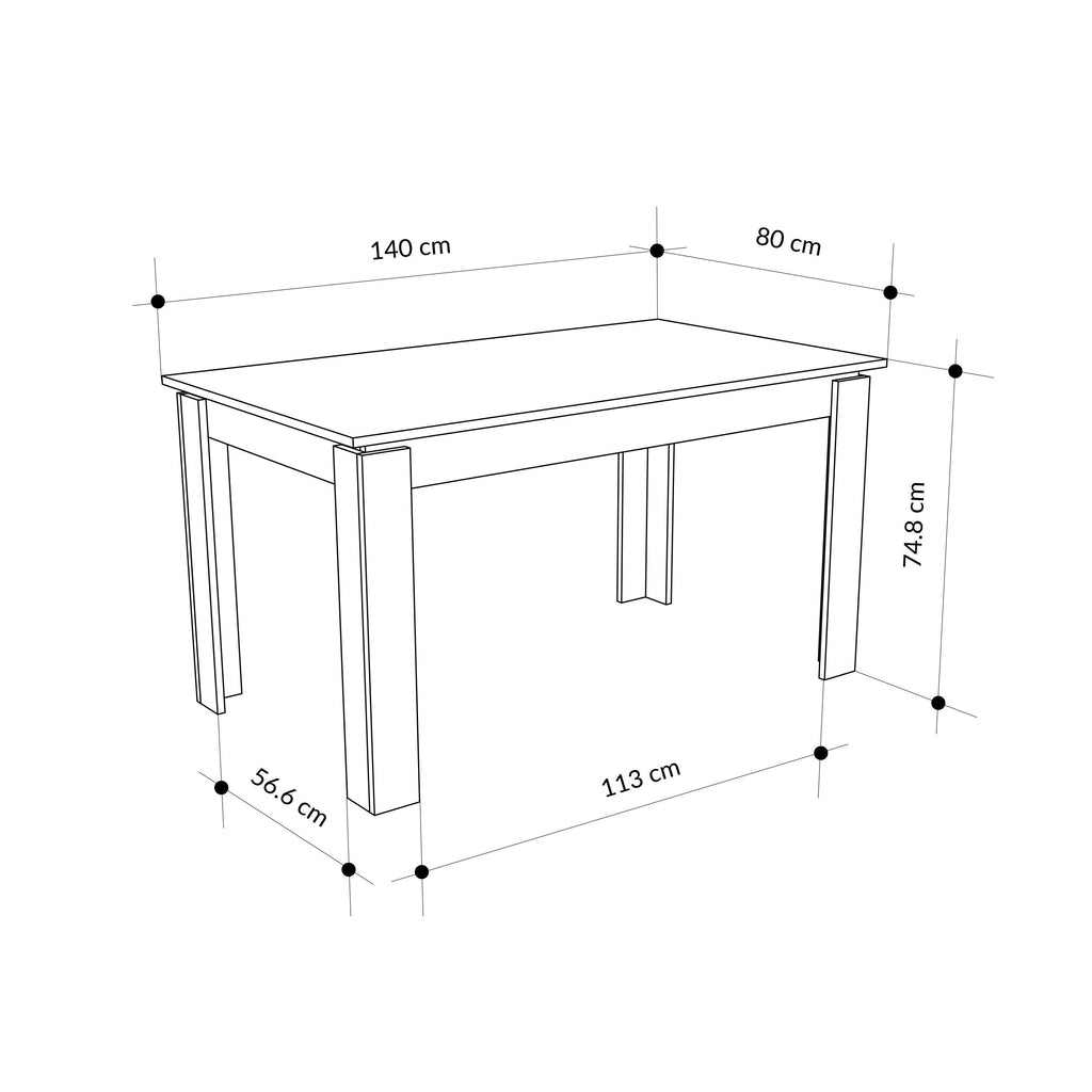 Dining table dimension diagram: 140 cm by 80 cm, 74.8 cm height
