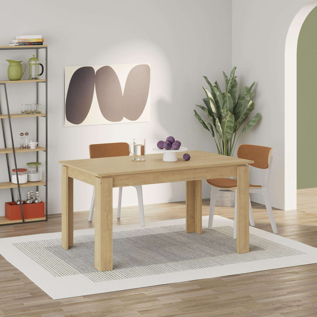 Light oak rectangular dining table with four straight legs and smooth tabletop