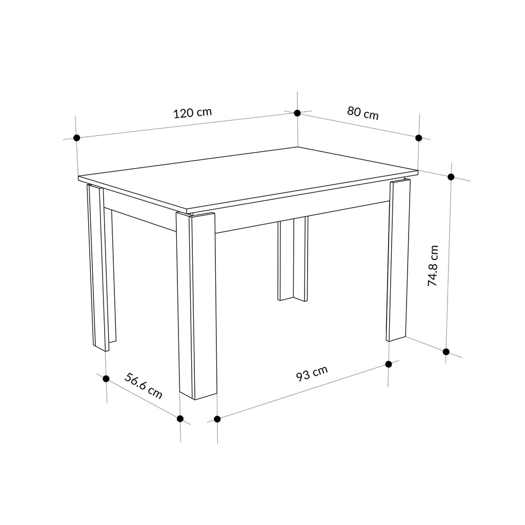 Dimensioned drawing of extendable dining table: 120×80 cm, 74.8 cm height