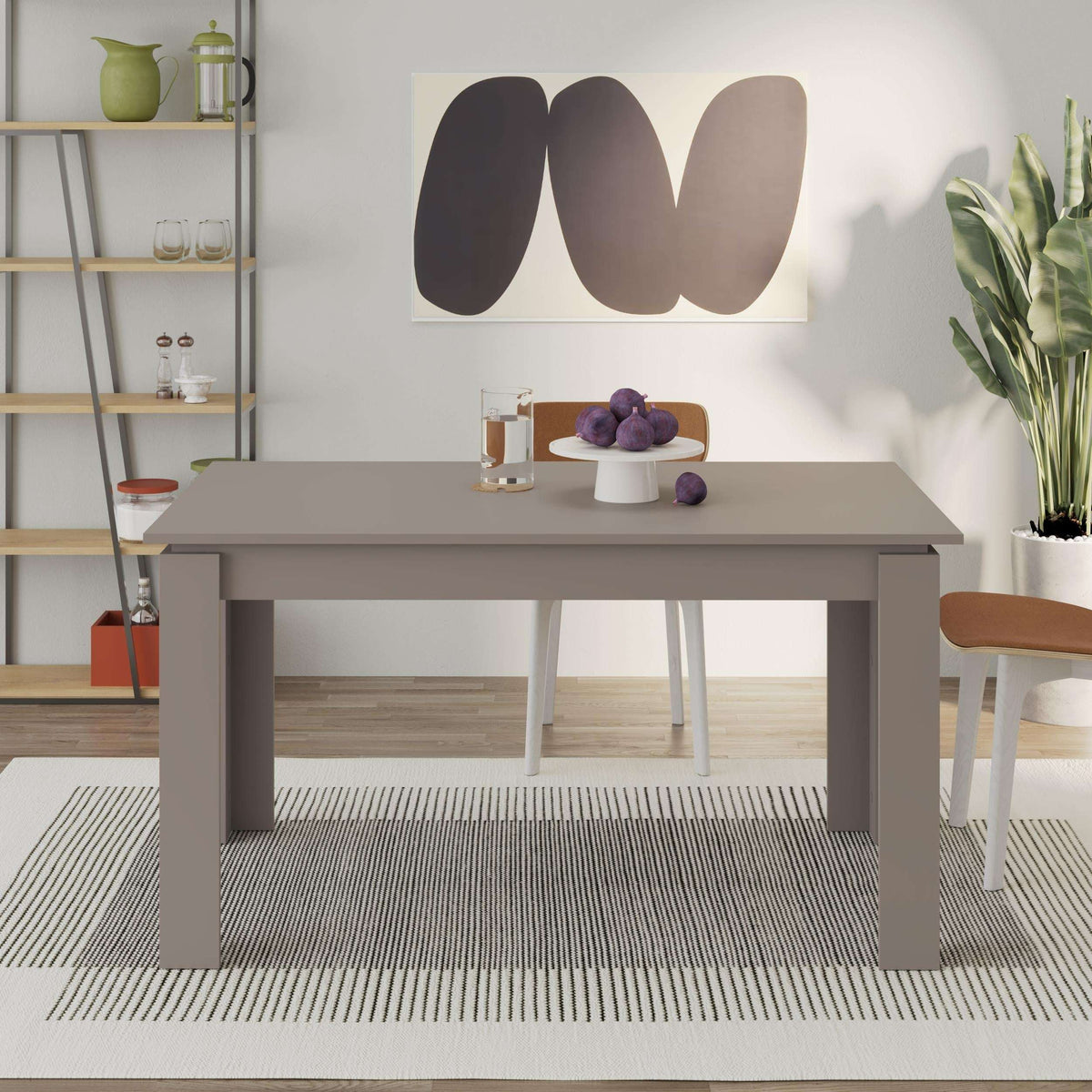 Light mocha dining table with front tabletop surface and four straight legs