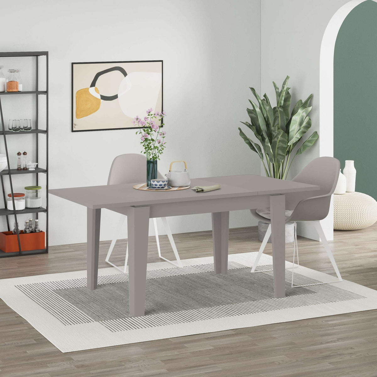 Light mocha dining table with rectangular top and four straight legs