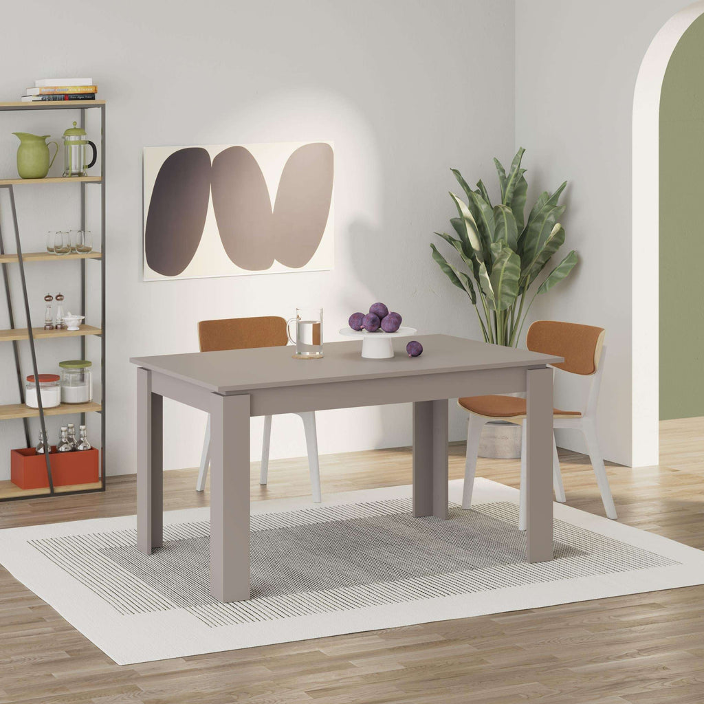 Light mocha extendable dining table with smooth rectangular top and four straight legs