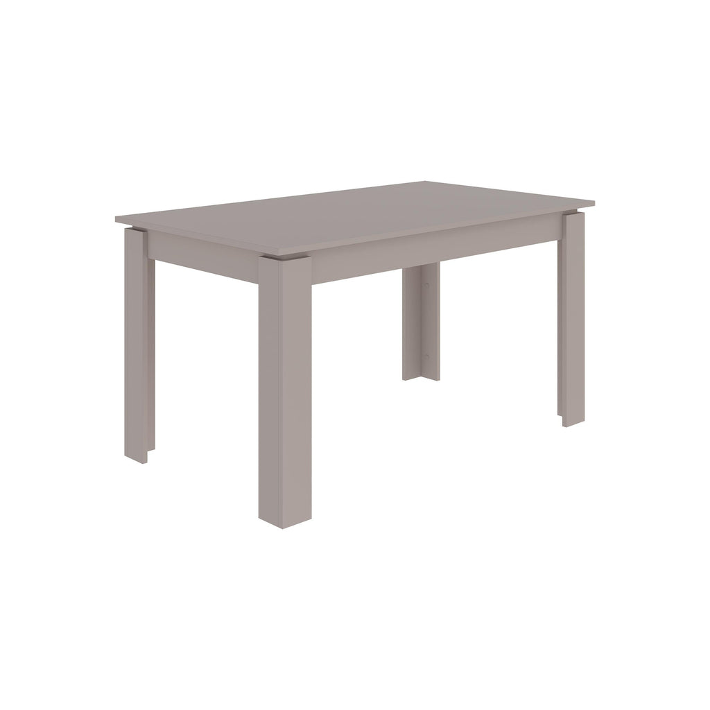 Light mocha dining table with squared edges, smooth top, and four straight legs