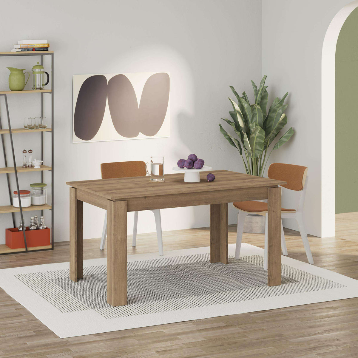 Extendable dining table in dark oak wood with squared legs and wide tabletop