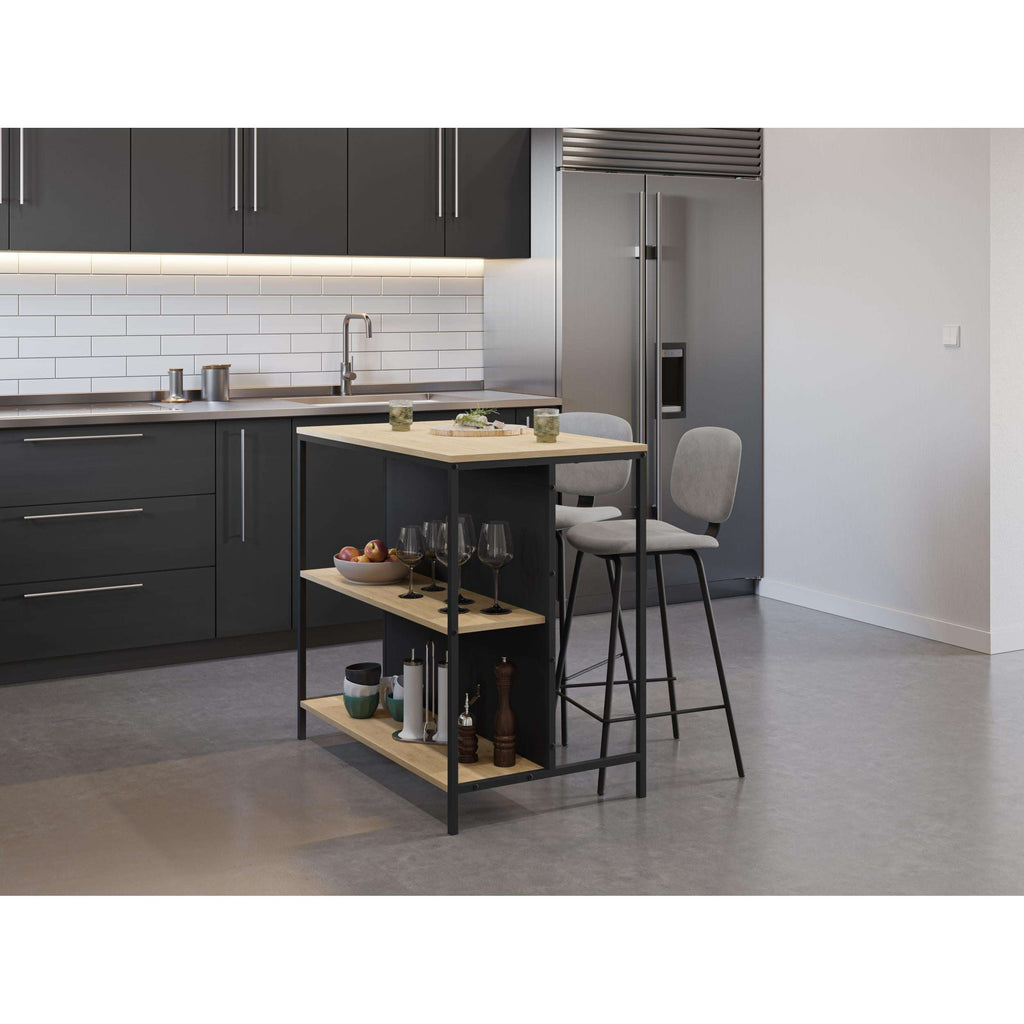 Sapphire Oak and Silky Black bar table with two open shelves in a modern kitchen