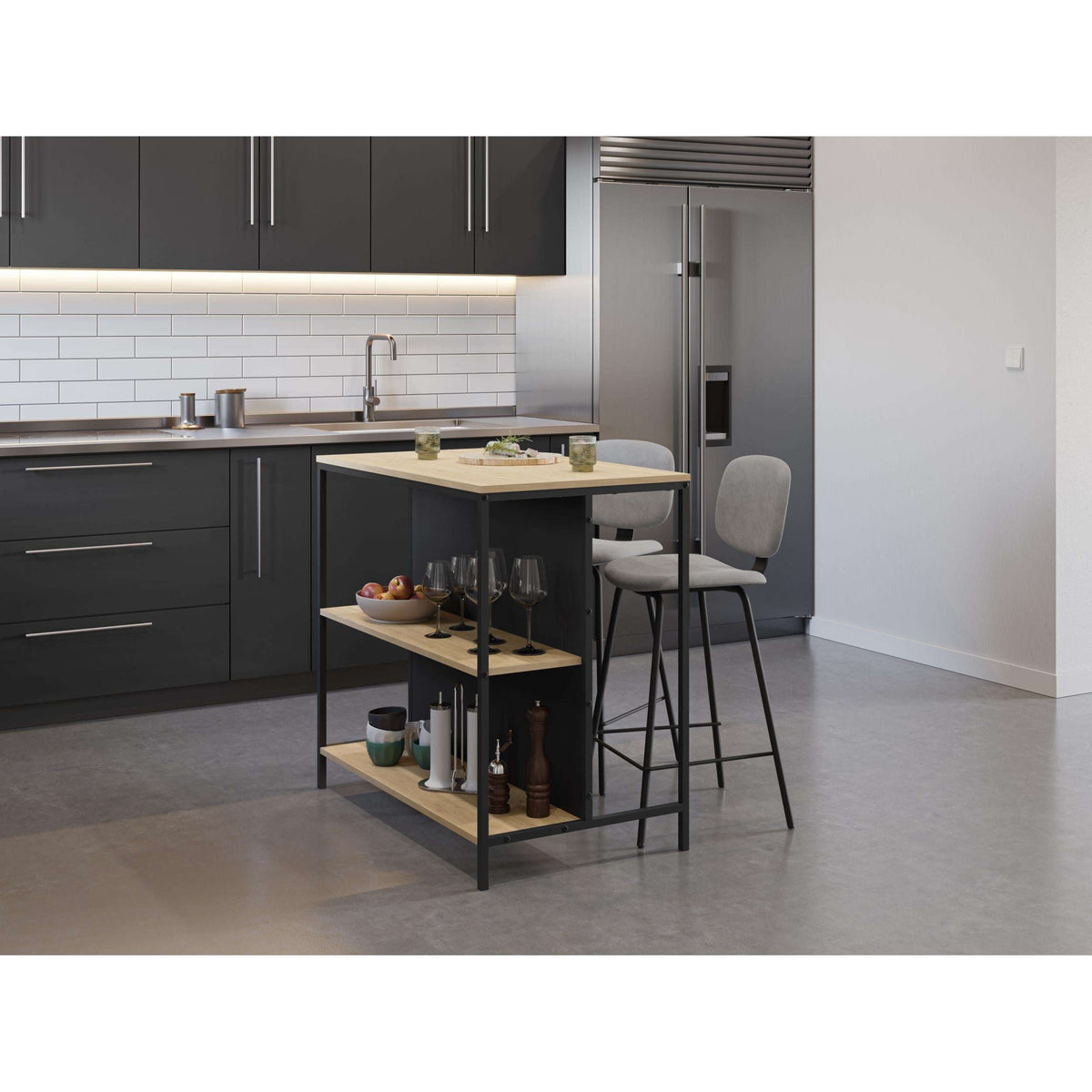 Sapphire Oak and Silky Black bar table with two open shelves in a modern kitchen