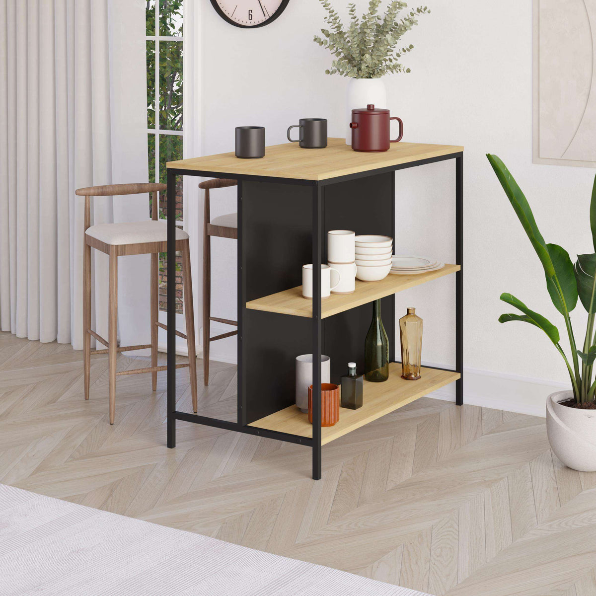 Sapphire Oak and Silky Black bar table with two open shelves and metal frame, 100 cm