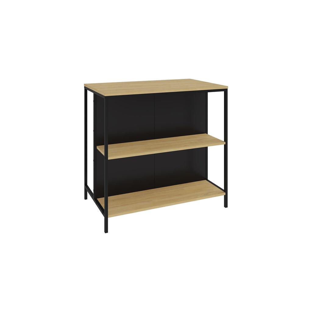 Sapphire Oak and Silky Black bar table with two open shelves and straight metal legs